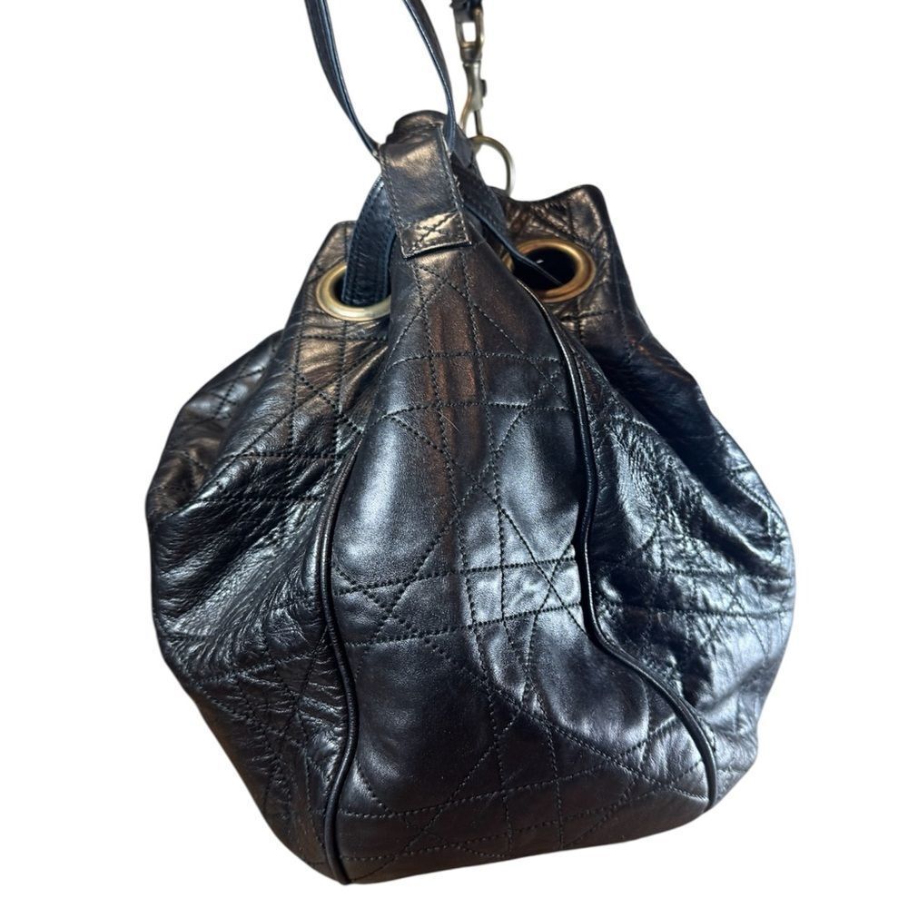 DIOR Black Quilted Cannage Leather Drawstring Hobo Bucket Shoulder Bag Auth Ex++ - Picture 5 of 16